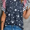 Sale Dear-Lover Striped Ruffled Sleeve Star Print T Shirt Gray