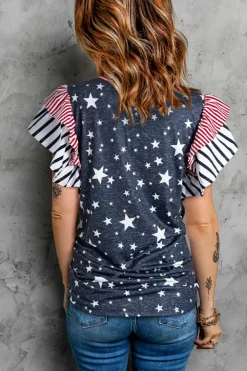 Sale Dear-Lover Striped Ruffled Sleeve Star Print T Shirt Gray