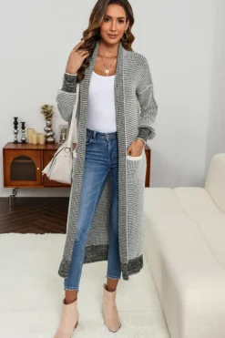 New Dear-Lover Textured Knit Pocketed Duster Cardigan Gray