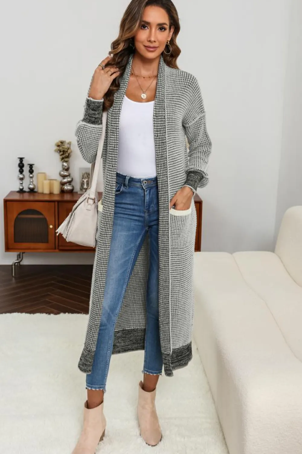 New Dear-Lover Textured Knit Pocketed Duster Cardigan Gray