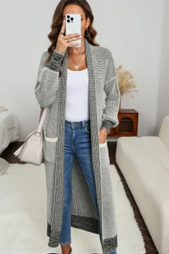 New Dear-Lover Textured Knit Pocketed Duster Cardigan Gray