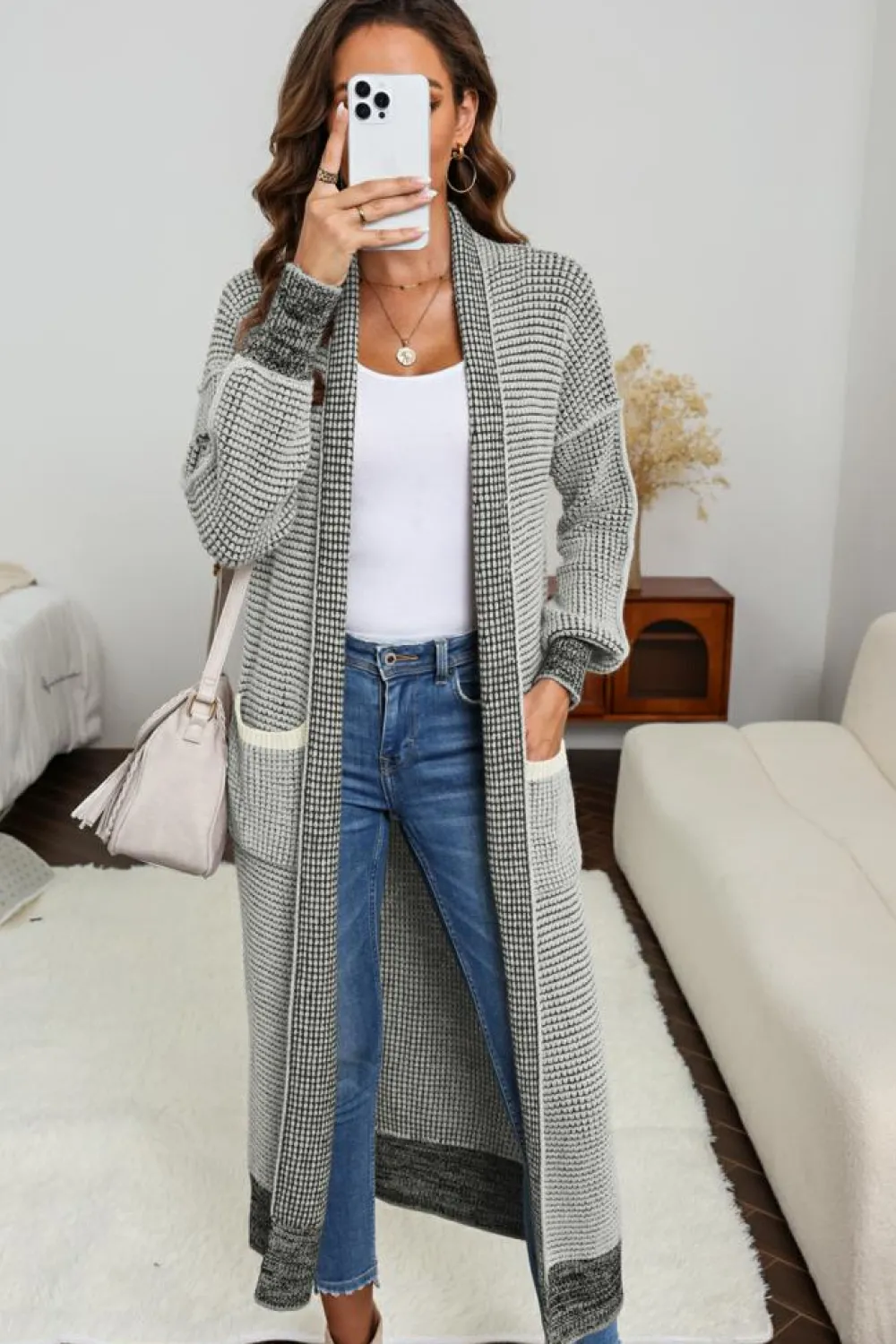 New Dear-Lover Textured Knit Pocketed Duster Cardigan Gray