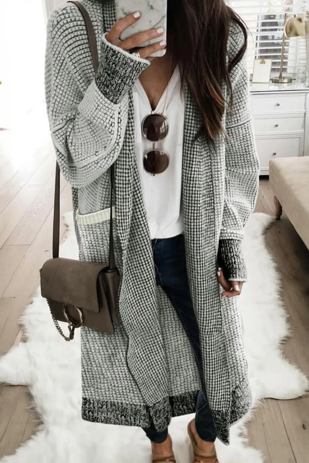 New Dear-Lover Textured Knit Pocketed Duster Cardigan Gray