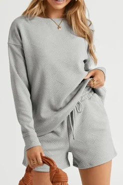 Discount Dear-Lover Textured Long Sleeve Top and Drawstring Shorts Set Gray