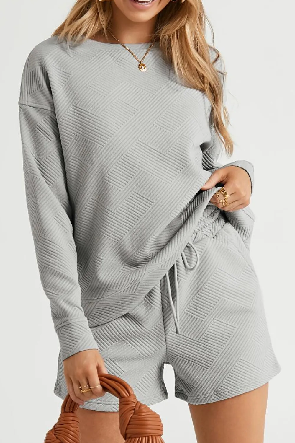 Discount Dear-Lover Textured Long Sleeve Top and Drawstring Shorts Set Gray