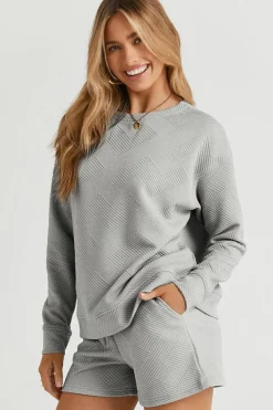 Discount Dear-Lover Textured Long Sleeve Top and Drawstring Shorts Set Gray
