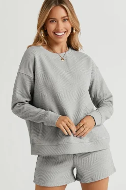 Discount Dear-Lover Textured Long Sleeve Top and Drawstring Shorts Set Gray