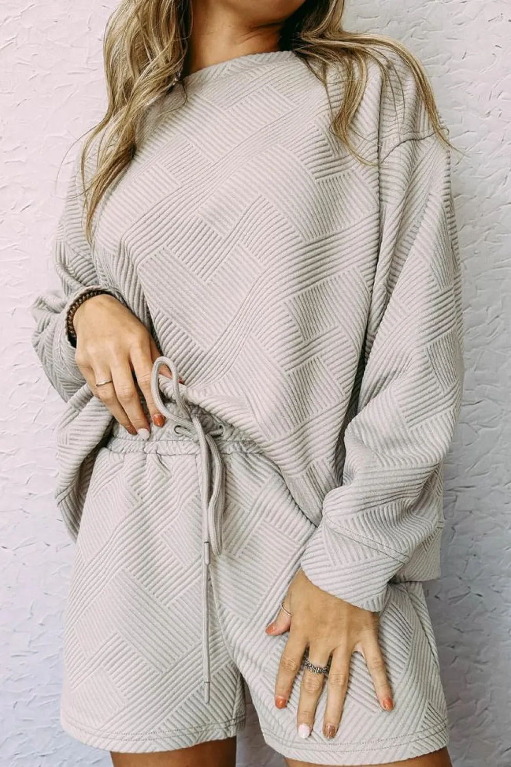Discount Dear-Lover Textured Long Sleeve Top and Drawstring Shorts Set Gray