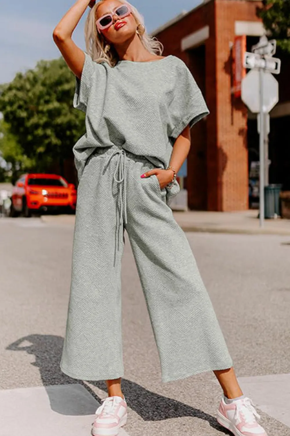 Best Dear-Lover Textured Loose Fit T Shirt and Drawstring Pants Set Gray