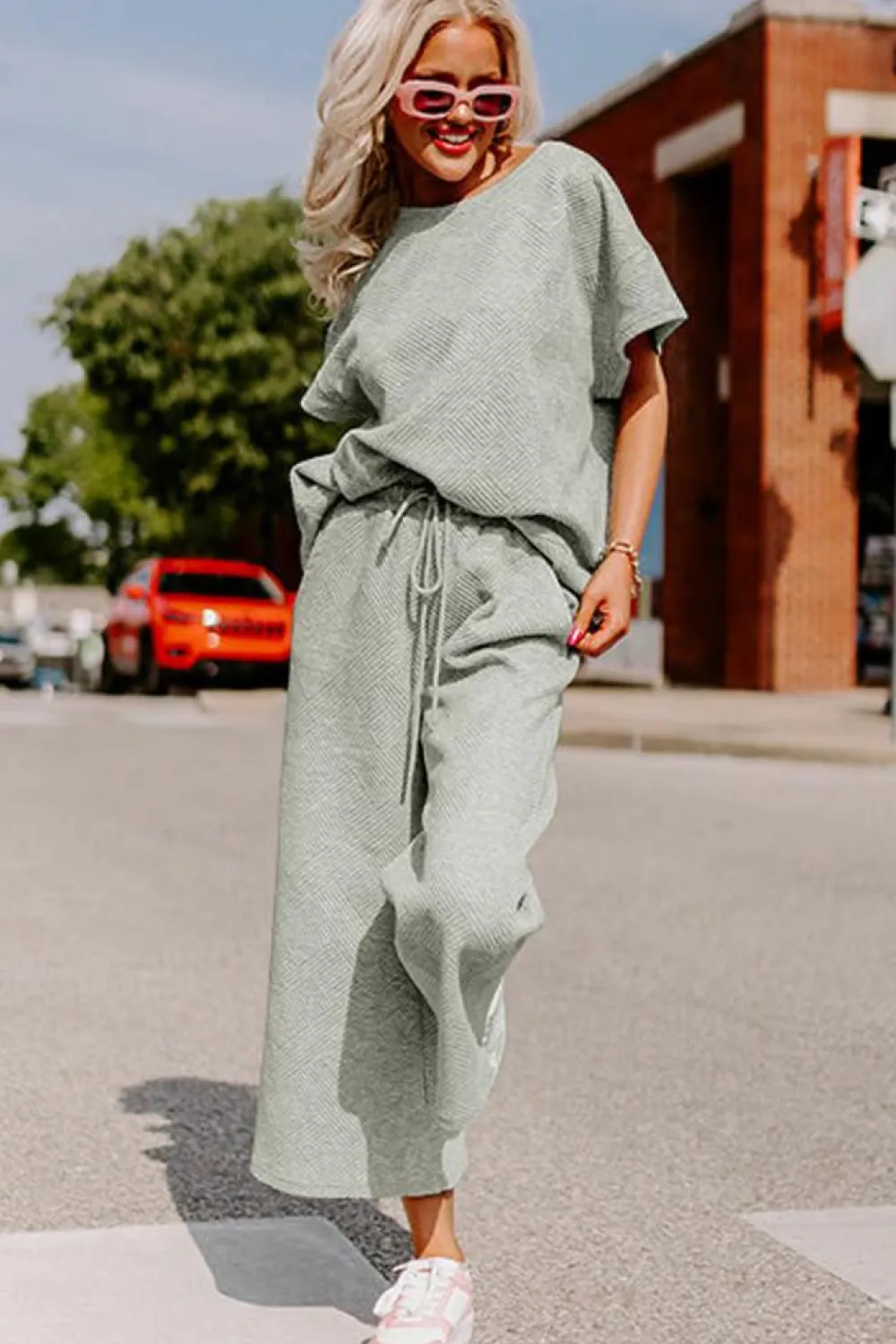 Best Dear-Lover Textured Loose Fit T Shirt and Drawstring Pants Set Gray