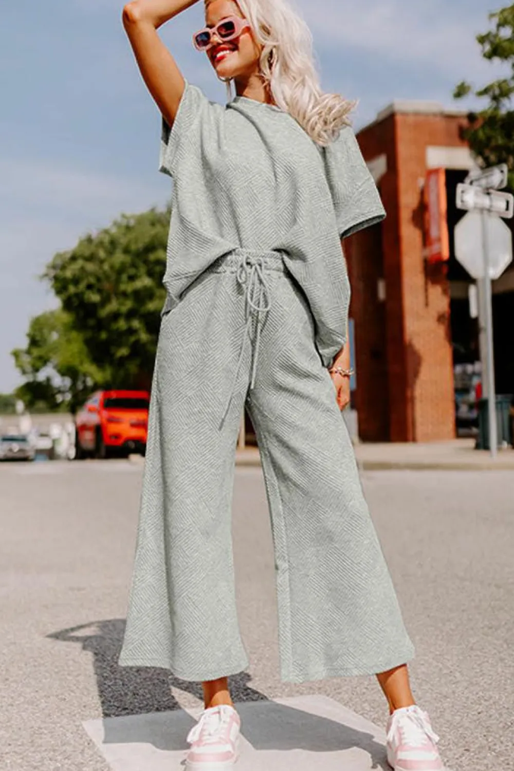 Best Dear-Lover Textured Loose Fit T Shirt and Drawstring Pants Set Gray
