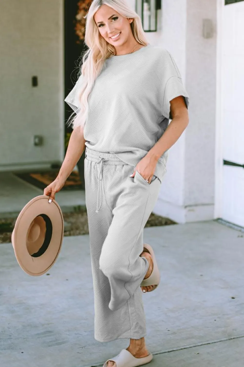 Best Dear-Lover Textured Loose Fit T Shirt and Drawstring Pants Set Gray