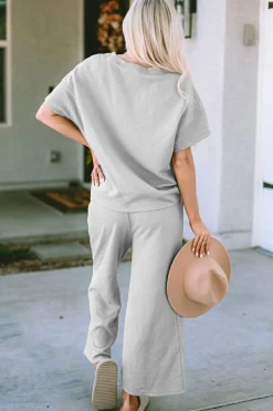 Best Dear-Lover Textured Loose Fit T Shirt and Drawstring Pants Set Gray