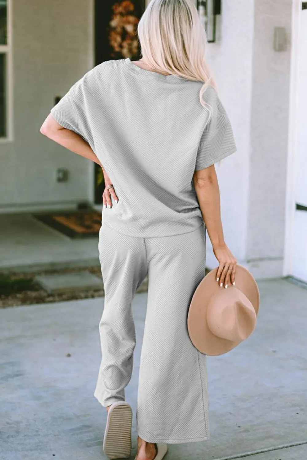 Best Dear-Lover Textured Loose Fit T Shirt and Drawstring Pants Set Gray