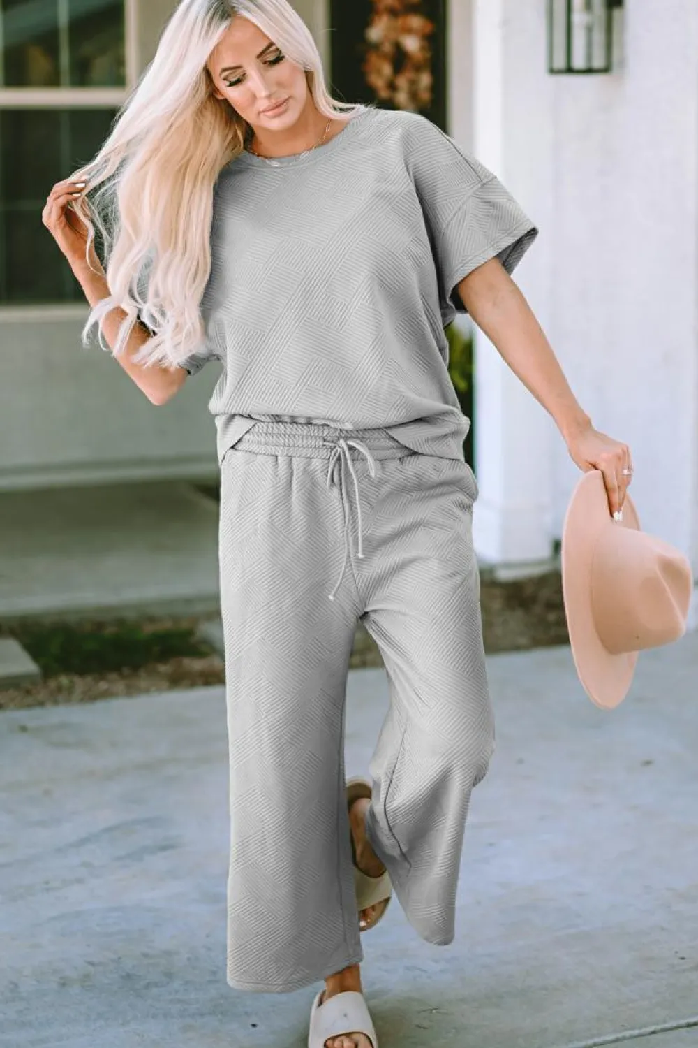 Best Dear-Lover Textured Loose Fit T Shirt and Drawstring Pants Set Gray