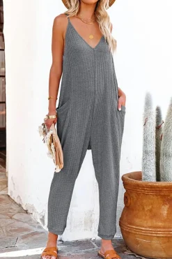 New Dear-Lover Textured Sleeveless V-Neck Pocketed Casual Jumpsuit Gray