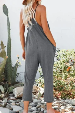 New Dear-Lover Textured Sleeveless V-Neck Pocketed Casual Jumpsuit Gray