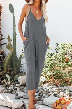 New Dear-Lover Textured Sleeveless V-Neck Pocketed Casual Jumpsuit Gray