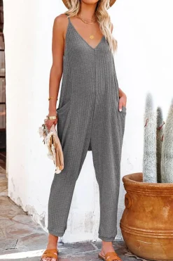 New Dear-Lover Textured Sleeveless V-Neck Pocketed Casual Jumpsuit Gray