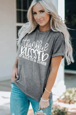 Discount Dear-Lover Thankful Blessed & Kind of a Mess Graphic Tee Gray