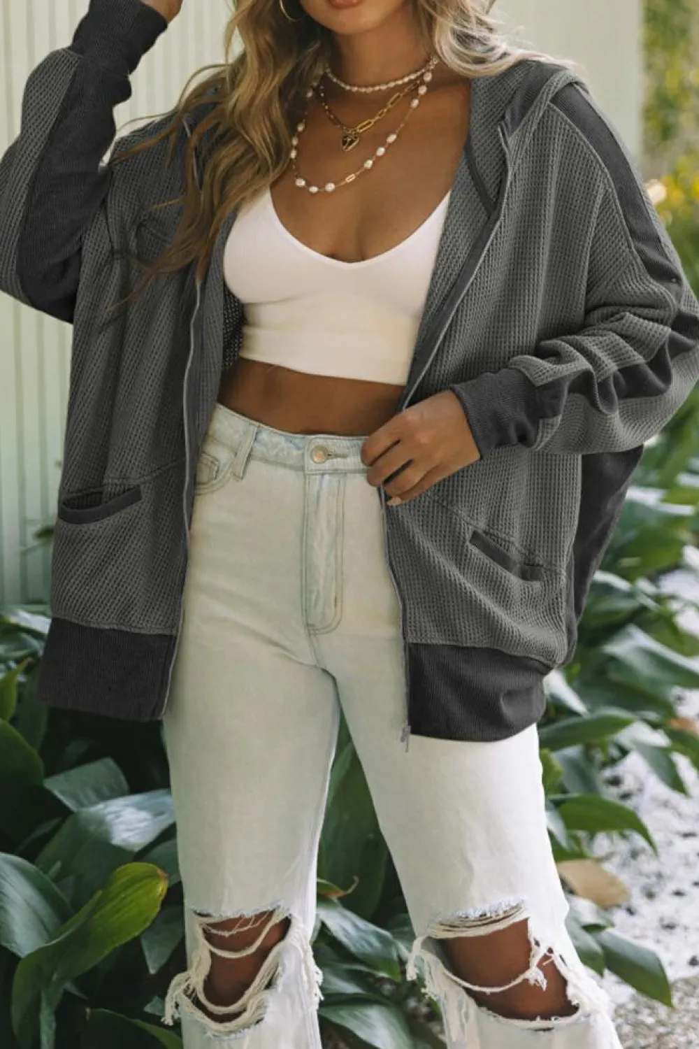 Sale Dear-Lover Thermal Waffle Knit Full Zipper Hooded Jacket Gray