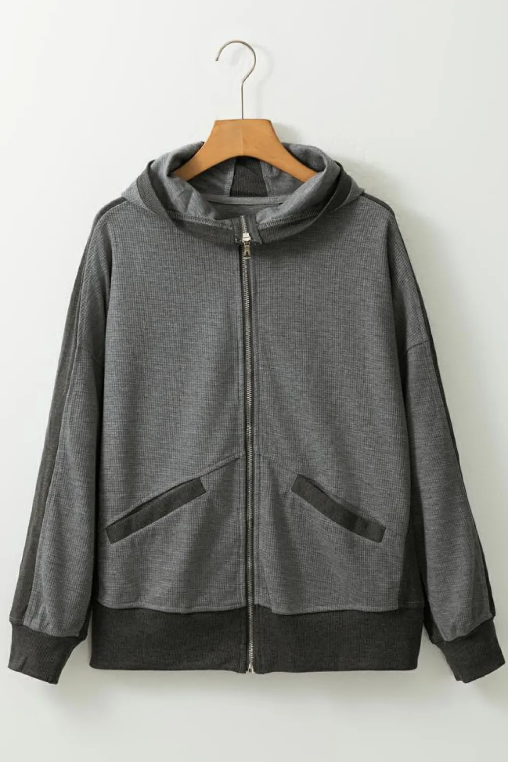 Sale Dear-Lover Thermal Waffle Knit Full Zipper Hooded Jacket Gray
