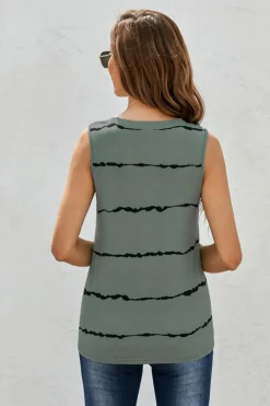 Fashion Dear-Lover Tie-dye Stripes Round Neck Tank Top Gray