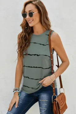 Fashion Dear-Lover Tie-dye Stripes Round Neck Tank Top Gray