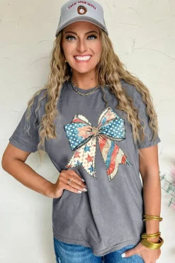 Best Dear-Lover US Flag Bow Print Round Neck Loose T Shirt Gray