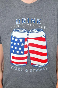 Discount Dear-Lover USA Flag Drink Cans Slogan Graphic Tee Gray