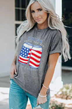 Discount Dear-Lover USA Flag Drink Cans Slogan Graphic Tee Gray