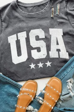 Fashion Dear-Lover USA Vintage Star Letter Graphic Tee Gray