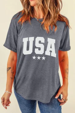 Fashion Dear-Lover USA Vintage Star Letter Graphic Tee Gray