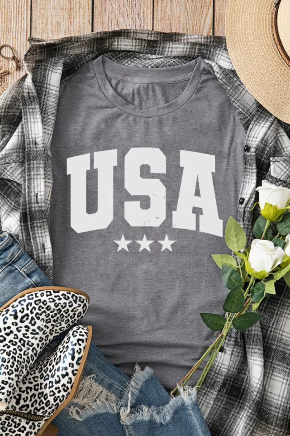 Fashion Dear-Lover USA Vintage Star Letter Graphic Tee Gray