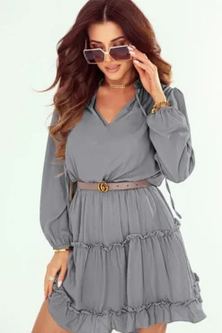 Fashion Dear-Lover V Neck Long Sleeve Ruffle Tiered Mini Dress Gray