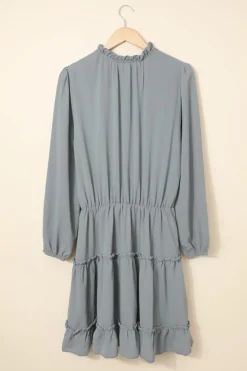 Fashion Dear-Lover V Neck Long Sleeve Ruffle Tiered Mini Dress Gray