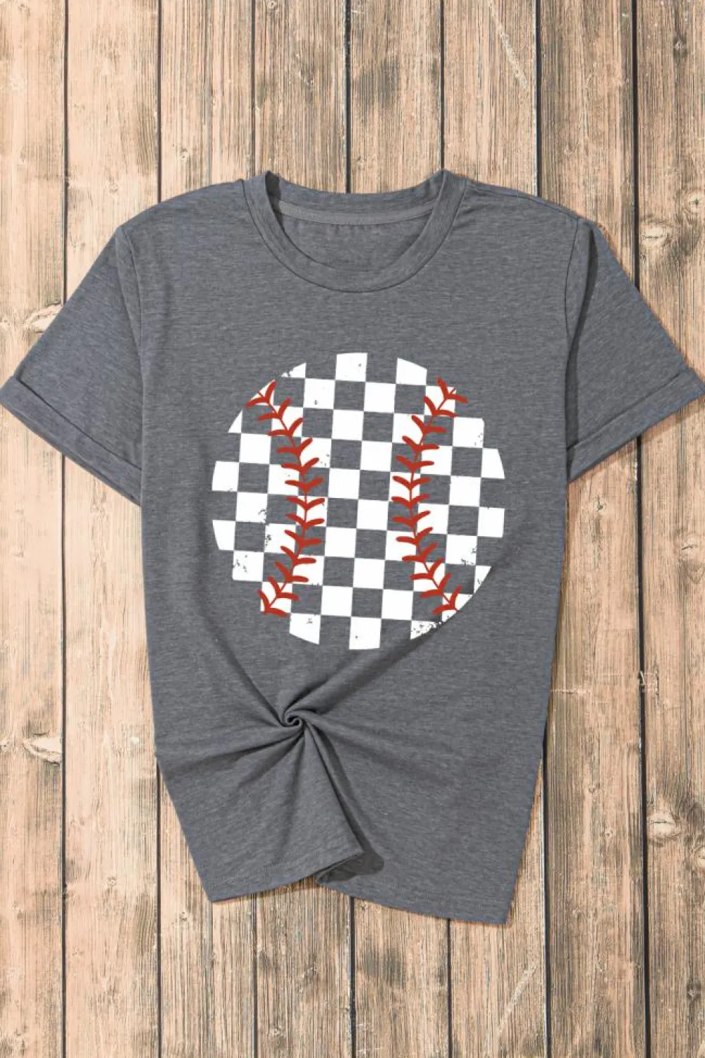 New Dear-Lover Vintage Checkered Baseball Graphic Tee Gray