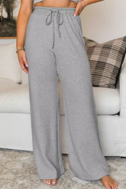 Discount Dear-Lover Waffle Knit Drawstring High Waist Wide Leg Pants Gray