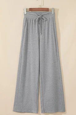 Discount Dear-Lover Waffle Knit Drawstring High Waist Wide Leg Pants Gray
