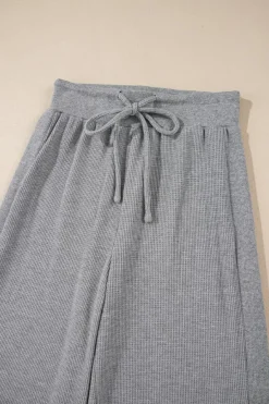 Discount Dear-Lover Waffle Knit Drawstring High Waist Wide Leg Pants Gray