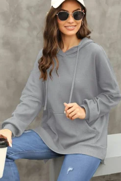 Sale Dear-Lover Waffle Knit Fleece Lined High Low Oversized Hoodie Gray