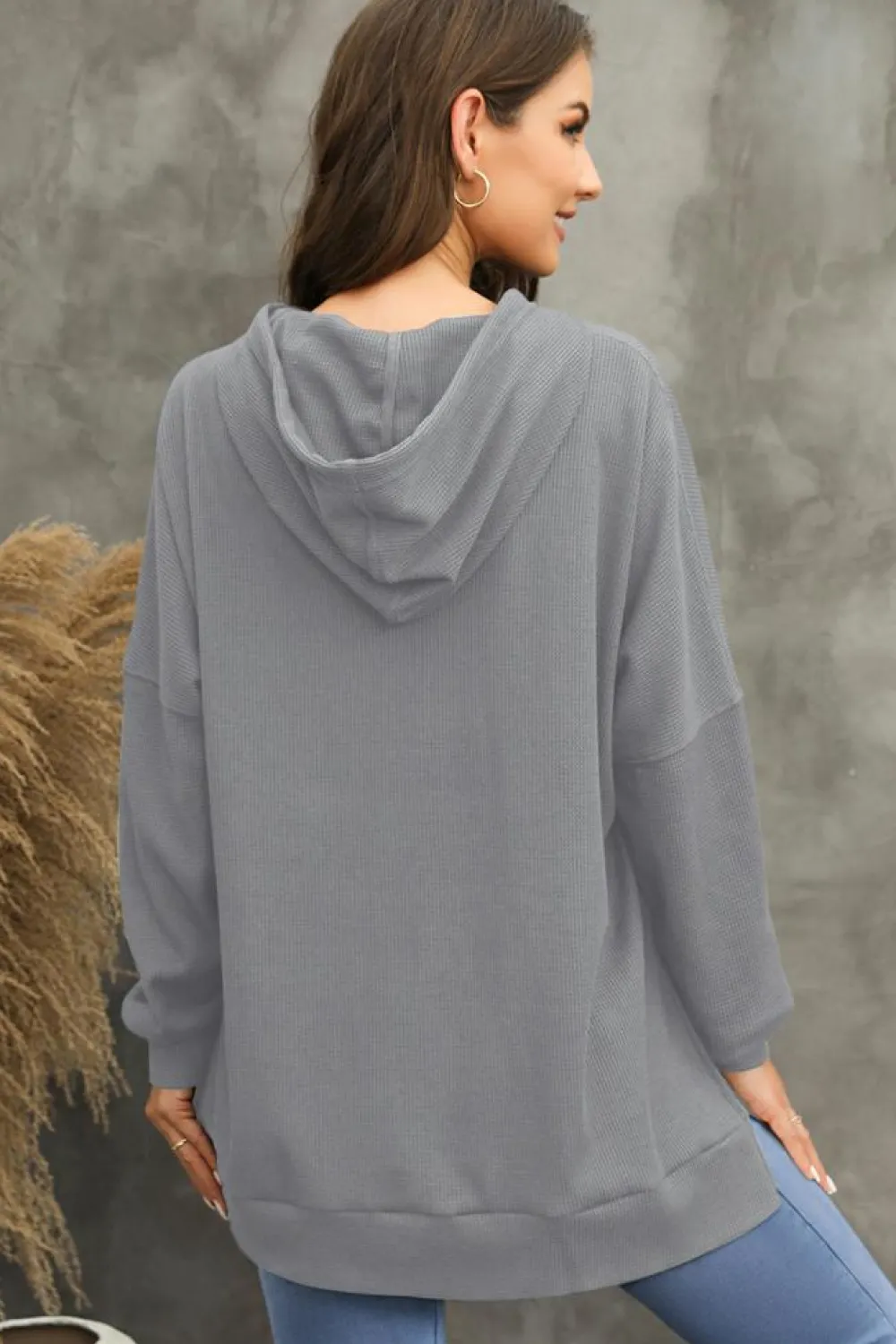 Sale Dear-Lover Waffle Knit Fleece Lined High Low Oversized Hoodie Gray