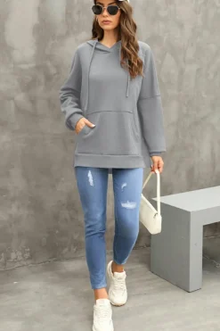 Sale Dear-Lover Waffle Knit Fleece Lined High Low Oversized Hoodie Gray