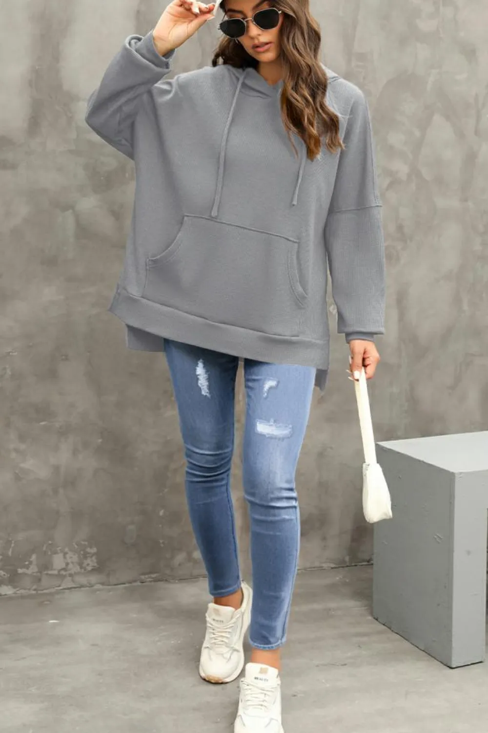 Sale Dear-Lover Waffle Knit Fleece Lined High Low Oversized Hoodie Gray