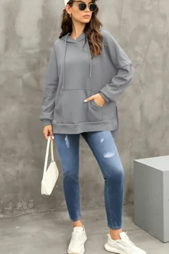 Sale Dear-Lover Waffle Knit Fleece Lined High Low Oversized Hoodie Gray