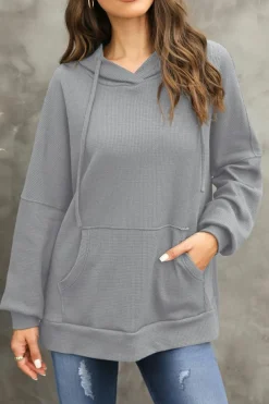 Sale Dear-Lover Waffle Knit Fleece Lined High Low Oversized Hoodie Gray