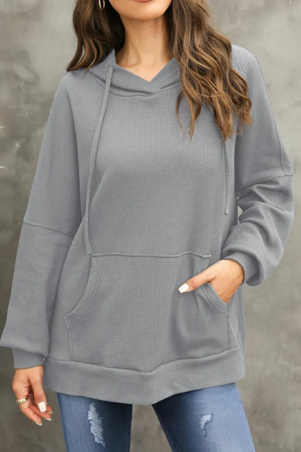 Sale Dear-Lover Waffle Knit Fleece Lined High Low Oversized Hoodie Gray