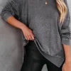 Sale Dear-Lover Waffle Knit Side Slit Pullover Top Gray