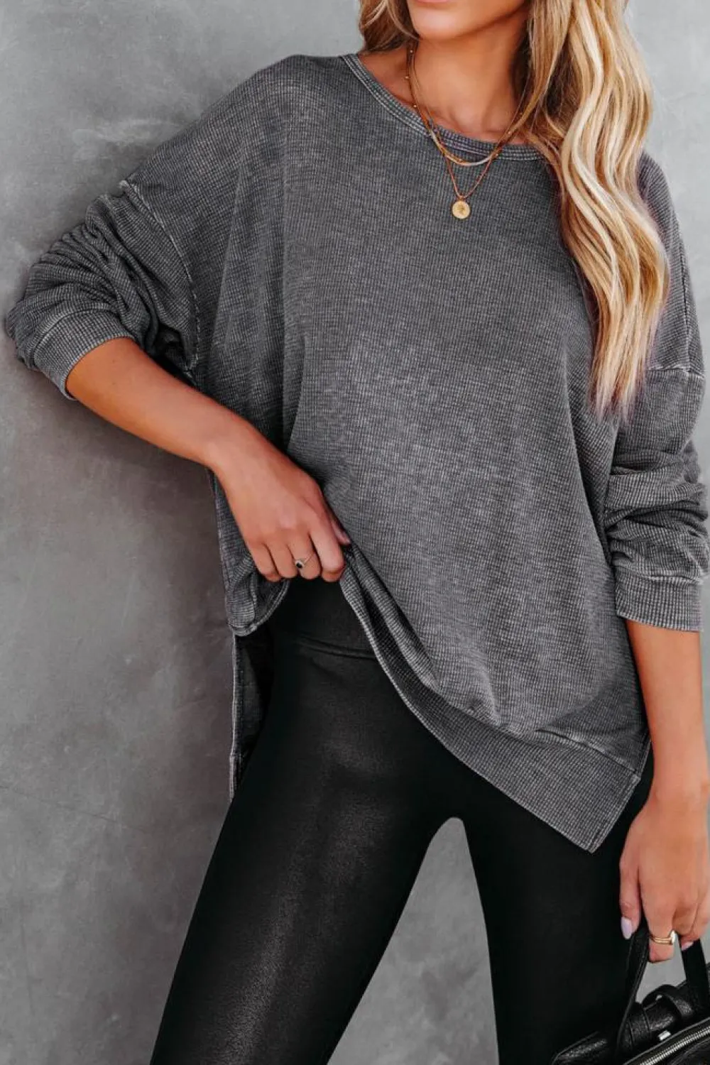 Sale Dear-Lover Waffle Knit Side Slit Pullover Top Gray