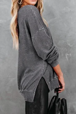 Sale Dear-Lover Waffle Knit Side Slit Pullover Top Gray